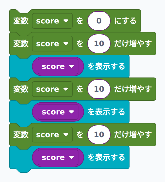 ブロック例：変数の増減（×3回）